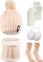 5 Pcs Winter Hat Scarf Gloves Set Fleece Lined Knit Beanie Hat Warm Touc... - $34.66 CAD