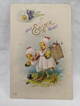 Vintage Embossed Glad Easter Wishes Chicks With Colored Eggs In Basket Postcard - £7.81 GBP