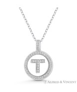 Initial Letter &quot;T&quot; CZ Crystal 925 Sterling Silver Rhodium 20x15mm Circle... - $19.94+