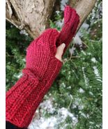 new Handmade Knit Fingerless Gloves Mittens ruby red gradient 10inch Gift - £26.75 GBP