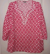 JM Collection Sz.18 Tunic Top Beaded Neck Pink/White Linen  - £14.58 GBP