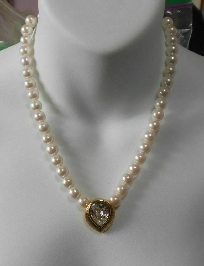 Primary image for Vintage Faux Pearl Rhinestone Teardrop Pendant Necklace