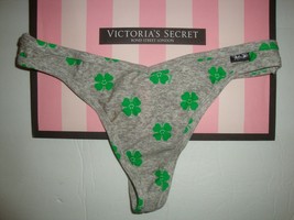 New Victoria&#39;s Secret &quot;Pink&quot; Cotton Thong Panty Gray With Green Shamrock Sz S - $12.86