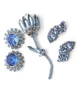 Huge Blue Rhinestone Flower  Brooch Silvertone Jewelry Lot Earrings Esta... - $97.75 CAD