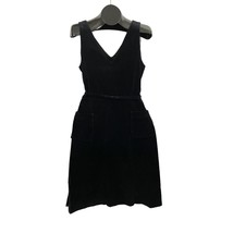 VTG Black Velveteen V Neck Sleeveless Dress Front Pockets Women&#39;s SMALL 90s - £30.44 GBP