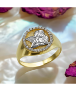 Polished Gold Cupid Cherub Angel Halo CZ Round Signet Unisex Ring - $8,208.47 MXN+