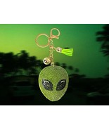 Extraterrestrial Crystal Bejeweled Keychain - Alien Head w Green Tassel - $8.00
