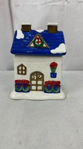 Vintage Ceramic House-Shaped Candy Jar Ornamented With Blue Roof - $18.50