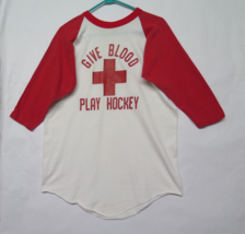 VTG 70s 80s Give Blood Play Hockey Raglan Long Sleeve T Shirt L XL Russell USA - £44.85 GBP