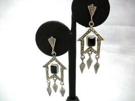 ESTATE STERLING SILVER &amp; MARCASITE BIRD HOUSE w ONYX DANGLING EARRINGS - $65.99