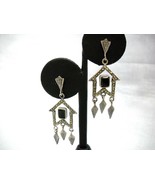 ESTATE STERLING SILVER &amp; MARCASITE BIRD HOUSE w ONYX DANGLING EARRINGS - £49.32 GBP