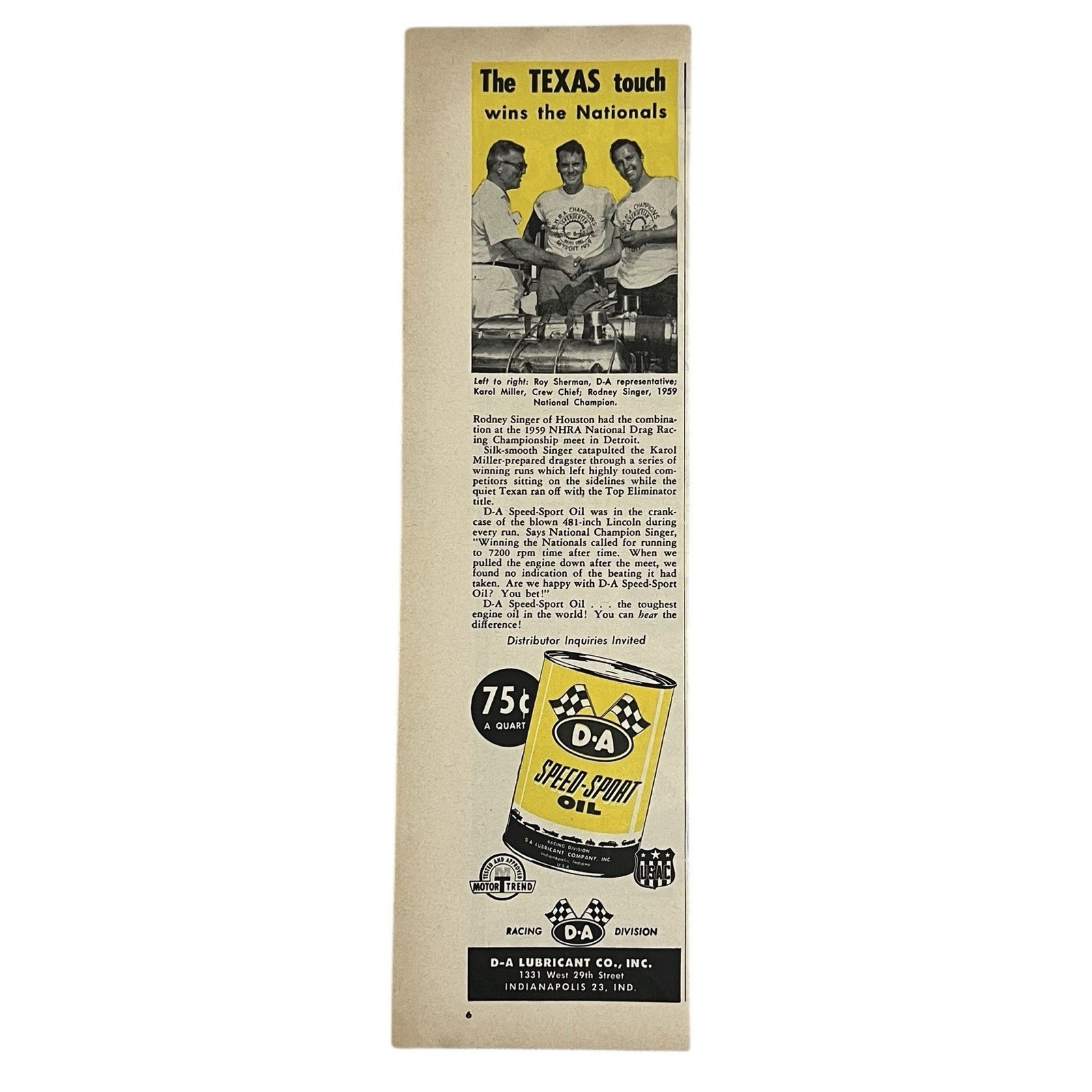 Vtg 1960 D-A Speed Sport Oil Rodney Singer Hot Rod Magazine Print Ad 3 x 11 - $6.65