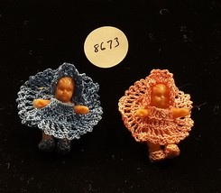 Vintage Pair Hand Made Crochet Kewpie Doll Pins Pink and Blue - $14.99