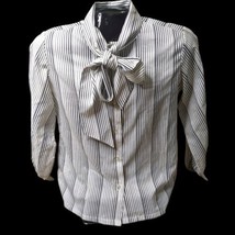 Oak Hill White Black Striped Tie Neck Long Sleeve Button Front Blouse Sz... - £6.45 GBP