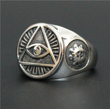 Oval Triangle Illuminati Eye Of Providence Stainless Steel Silver S8-13 Men Ring - £14.60 GBP