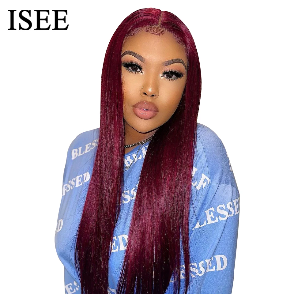 Wear And Go Glueless Human Hair Wig ISEE Peruvian Straight 99j Burgundy 6x4 Lace - £118.45 GBP+