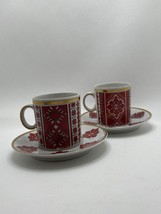 Espresso cups and saucers X2 Red &amp; Black On White Porcelain Gold Rims Uk... - £19.99 GBP