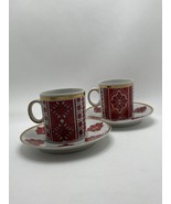 Espresso cups and saucers X2 Red &amp; Black On White Porcelain Gold Rims Uk... - £20.03 GBP