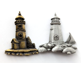 VTG JJ Lighthouse Jonette Jewelry Nautical Pin Lot Of 2 Gold Tone &amp; Silver Tone - £15.03 GBP