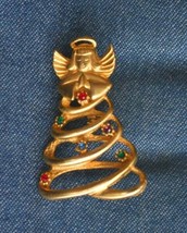 Multicolor Rhinestone Gold-tone Angel Christmas Tree Brooch 1970s vintage 1 3/4&quot; - £10.29 GBP