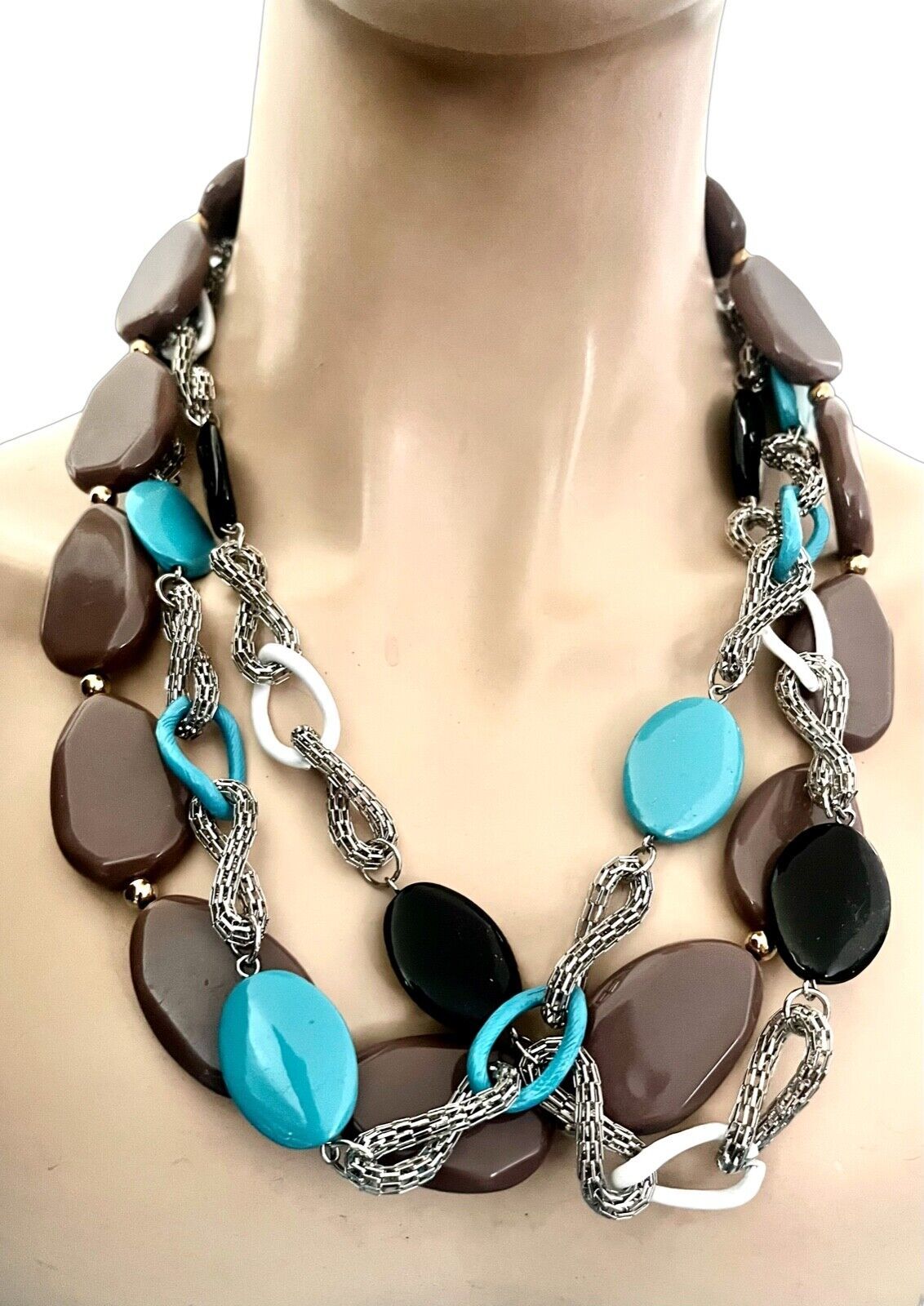 Lot Bundle 3 Casual Everyday Acrylic Bead Necklaces Brown, Black, Turquoise Blue - $17.10