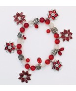 Beautiful Red Bead and Poinsettia Bracelet Christmas Holiday Glitter Enamel - $20.00