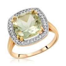 14K Gold Ring With Natural Diamonds And Checkerboard Cut Green Amethyst - $1,181.99