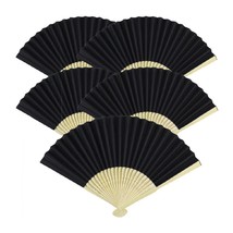 5pcs Black Paper Fans Lot of 5 Five Folding Hand Fan Pocket Purse Wedding Bamboo - £7.07 GBP