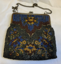 Antique Hand Beaded Evening Purse Seed Beads Floral Germany Blue Black Yellow - £152.30 GBP