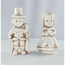 Vintage Pilgrim Couple Man Woman Miniature Figurine Bisque Signed Thanksgiving - £15.71 GBP