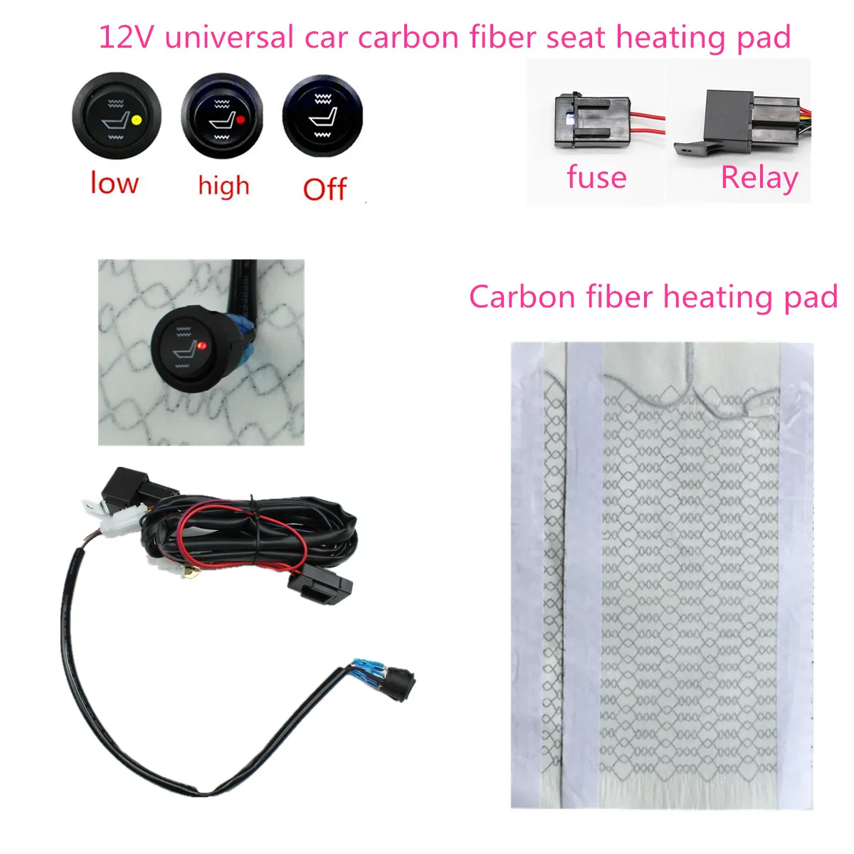 12VCarbon Fiber Universal Heated Seat heating Heater Pads Car High/Low Round - £27.06 GBP+