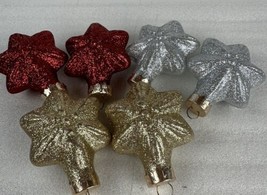 Ornament Christmas 6 Small Star Glitter 2 Red 2 Silver 2 Gold 2.5 ins. Cir. - £5.34 GBP