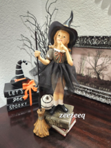 Halloween Little girl Witch Holding Broom ABC Spell Books Figurine Statue 14.5&quot; - £35.59 GBP