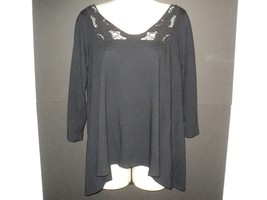 Fresh Produce Top Size M Black 3/4 Sleeves Crocheted Lace Trim Asymmetrical Hem - £13.24 GBP