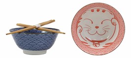 Made In Japan Lucky Cat Maneki Neko Colorful Porcelain Bowls With Chopsticks Set - £23.83 GBP