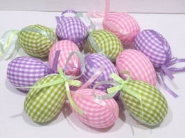 Easter Gingham Egg 3&quot; Ornaments Pink Lavender Green Home Decor Set of 12 - £17.13 GBP