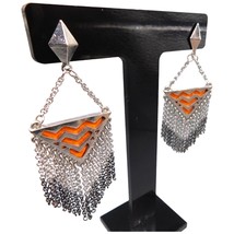 Pierced Chevron Like Multichain Tassel Earrings Dangle Drop Orange Faux Leather - £6.10 GBP