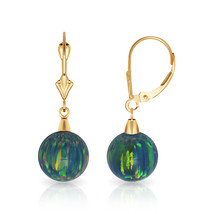 14K Yellow Gold 6mm to 10mm Green Fire Opal Ball Leverback Dangle Earrings - £71.20 GBP