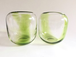 Hand Blown Art Glass Candle Holders Artisan Mod Pair of 2 Clear Green 4.5&quot; Tall - £13.48 GBP