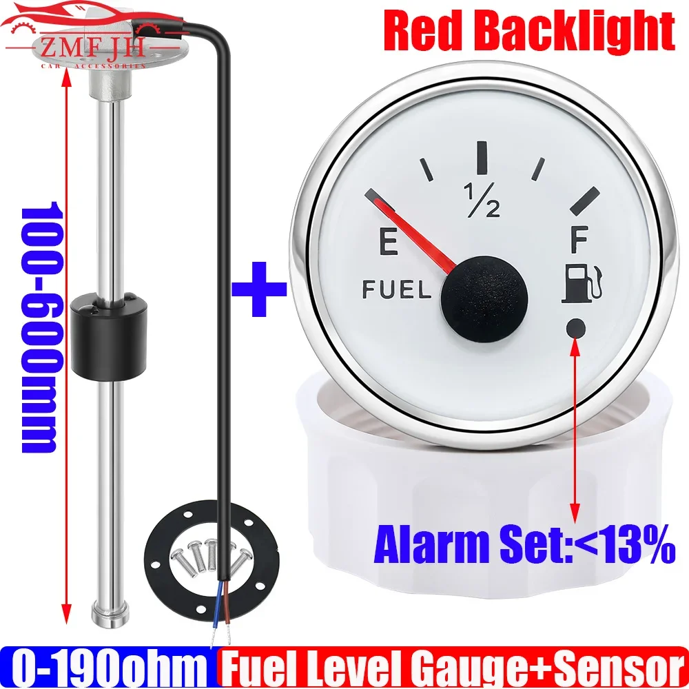 0-190 Ohm Fuel Level Sensor+52mm Fuel Level Gauge with Warning Light Red LED Oil - £17.48 GBP+