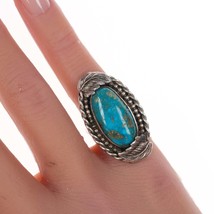 sz4 Vintage Native American silver and turquoise ring with leaf accents - $108.90