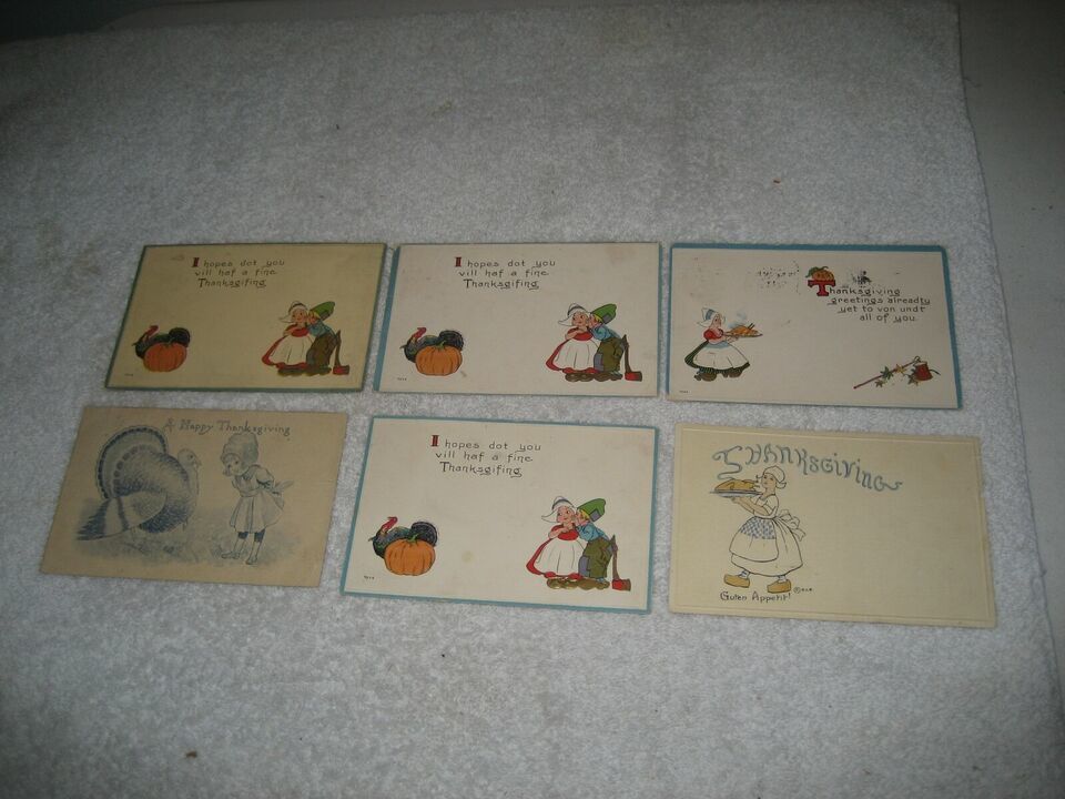 6 Vintage Antique early 1900s Thanksgiving Dutch Children kids postcards... - $10.88