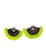 Neon Yellow Fringe Half-Moon Earrings With Wood &amp; Silver Accents Jewelry - $18.95 CAD