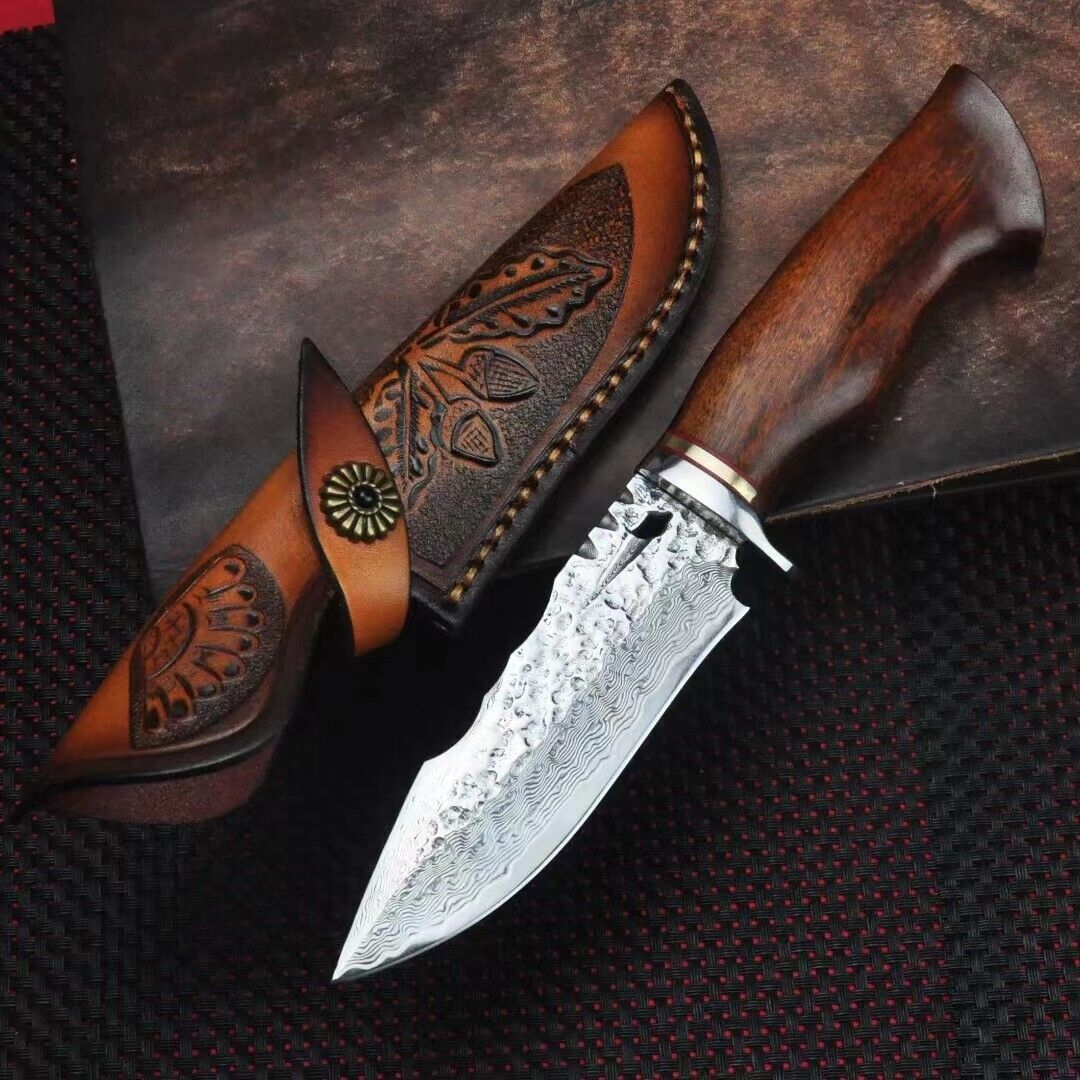 Handmade Vg10 Damascus Hunting Knife Fixed Blade Ironwood Handle Leather... - $97.02
