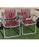 Vintage 1970&#39;s Pair Redwood 5 Slat Aluminum Folding Lawn Chair Set - $152.99