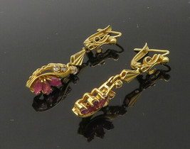 18K GOLD - Vintage Genuine Diamonds &amp; Ruby Victorian Dangle Earrings - GE092 - £844.45 GBP