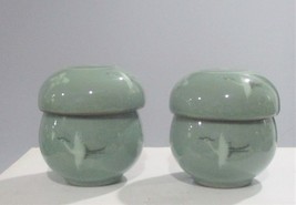 Vintage Korean Celadon Green Flying Crane Tea Cups (2) W/Lids and  1 Strainer - £34.84 GBP