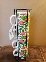 4 Ceramic Pink Flamingo Stackable Cups Mugs with Holder ~ ONE CUP DAMAGED - $19.80