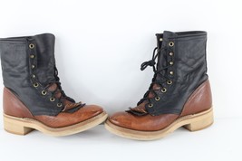 Vintage 90s Streetwear Womens 6.5 M Color Block Fringed Leather Logger B... - $113.80