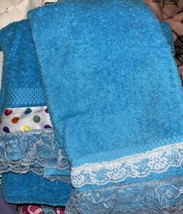 Blue Decorative Towel Set Polka Dots Lace Vintage - £19.39 GBP